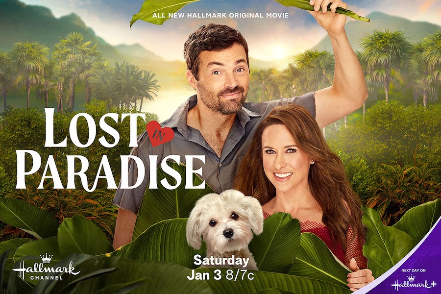 Winter Escape, Lacey Chabert, Ian Harding, Lost In Paradise, used with Hallmark Media's permission.