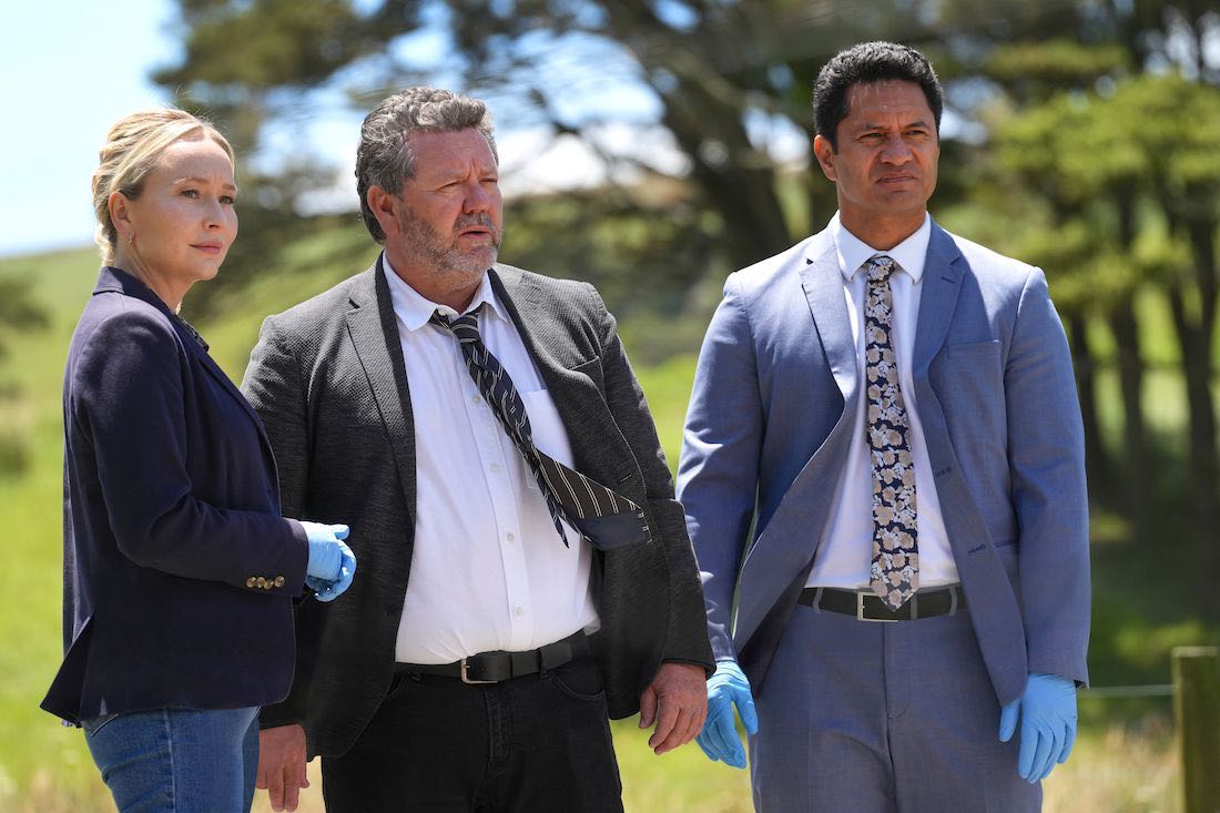 Brokenwood Mysteries, Fern Sutherland, Neill Rea, and Jared Rawiri, used with Acorn TV's permission